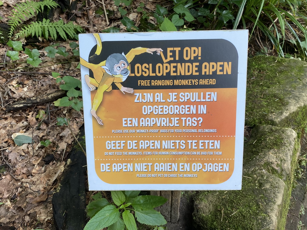 Warning sign for free ranging monkeys at the Apenheul zoo
