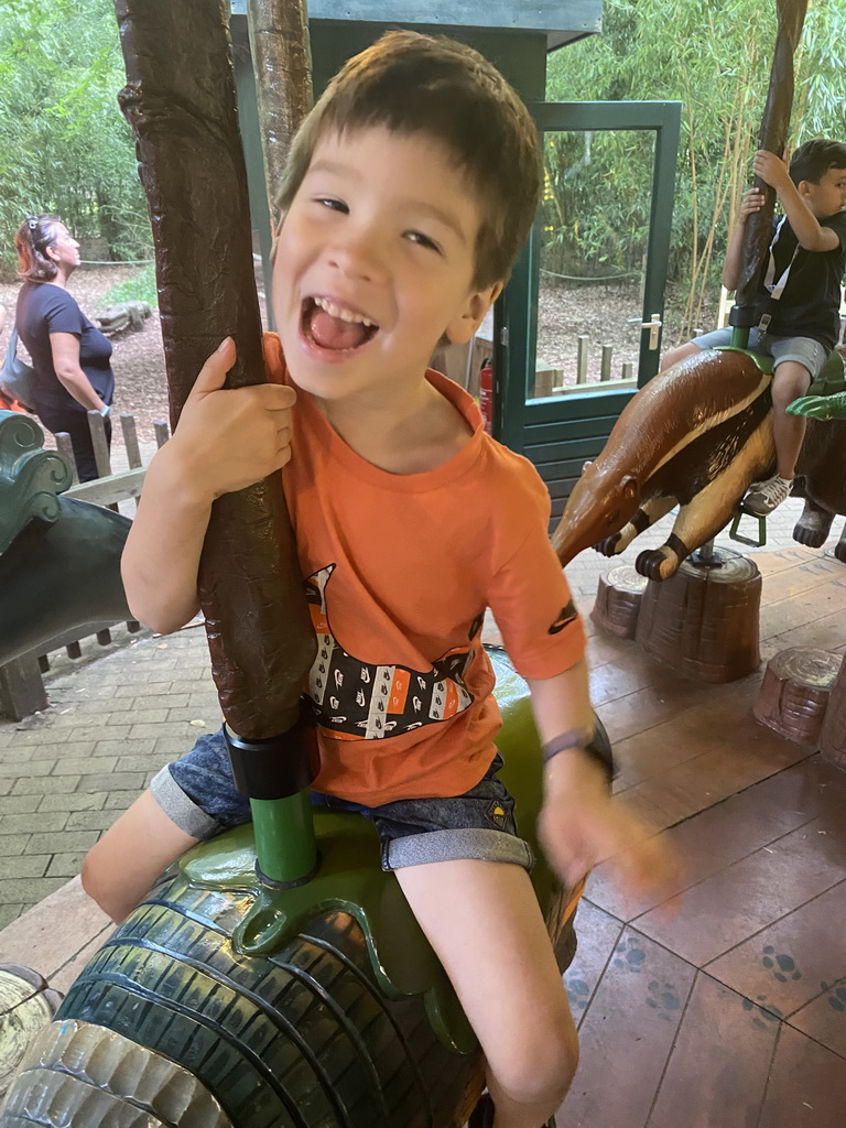 Max on the carousel at the playground near the exit of the Apenheul zoo