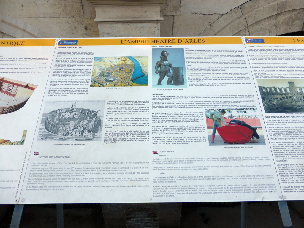 Information on the Arles Amphitheatre, at the southwest side of the Arles Amphitheatre