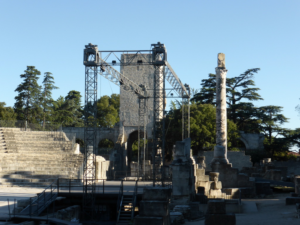 Columns and south tower of the Ancient Theatre of Arles, viewed from the Rue de la Calade street