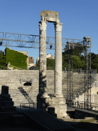 Columns and seats of the Ancient Theatre of Arles, viewed from the Rue du Cloître street