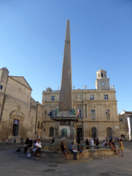 The Arles Obelisk, the Église Sainte-Anne d`Arles church and the City Hall at the Place de la République square