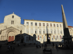 The Place de la République square with the Arles Obelisk and the Church of St. Trophime, viewed from the Église Sainte-Anne d`Arles church