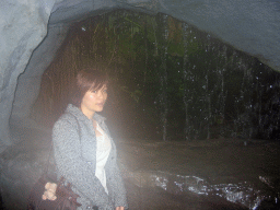 Miaomiao and a waterfall at Burgers` Bush at Burgers` Zoo