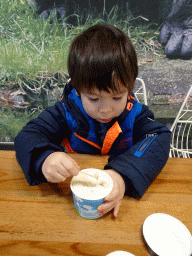 Max with an ice cream at the Park Restaurant at the Park Area of Burgers` Zoo