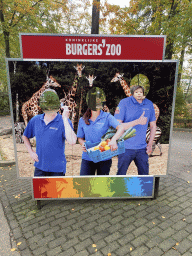 Max with a cardboard near the entrance to the Bush Hall of Burgers` Zoo