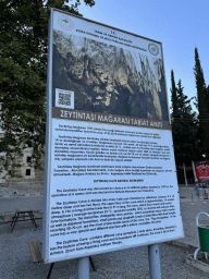 Information on the Zeytintasi Cave Natural Monument at the parking lot of the Roman Theatre of Aspendos