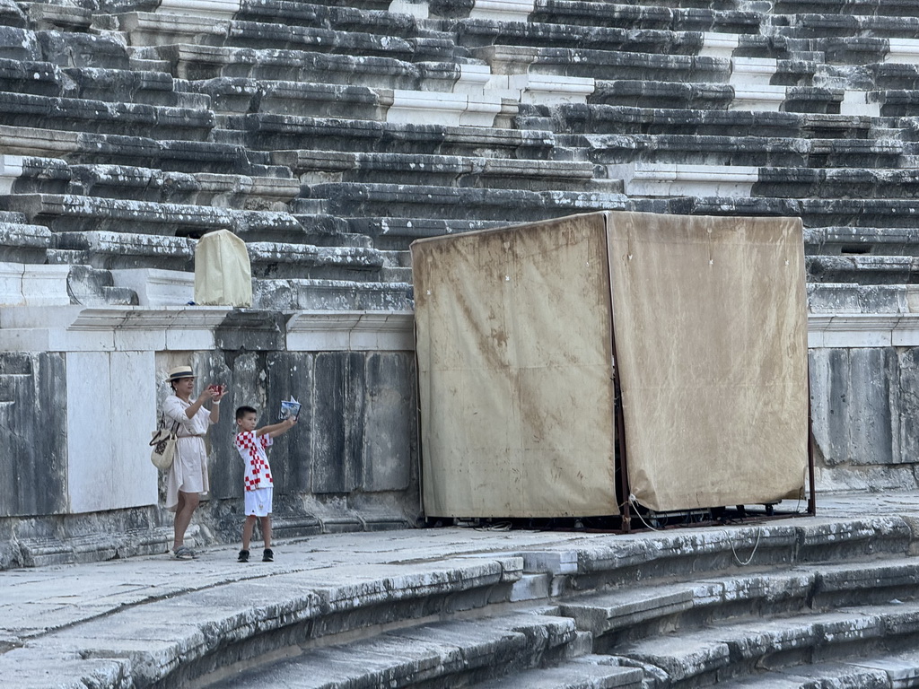 Miaomiao and Max at the diazoma of the west auditorium of the Roman Theatre of Aspendos, viewed from the south auditorium