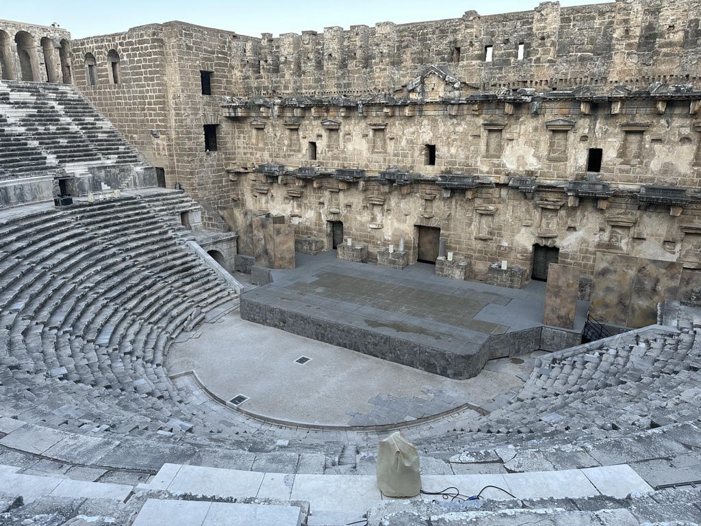 Auditorium, orchestra, stage and stage building of the Roman Theatre of Aspendos, viewed from the diazoma of the southwest auditorium