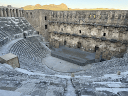 Auditorium, orchestra, stage and stage building of the Roman Theatre of Aspendos, viewed from the top of the southwest auditorium