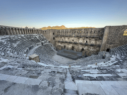 Auditorium, orchestra, stage and stage building of the Roman Theatre of Aspendos, viewed from the top of the southwest auditorium