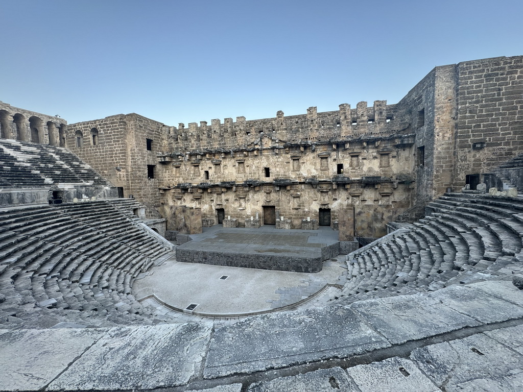 Auditorium, orchestra, stage and stage building of the Roman Theatre of Aspendos, viewed from the diazoma of the southwest auditorium