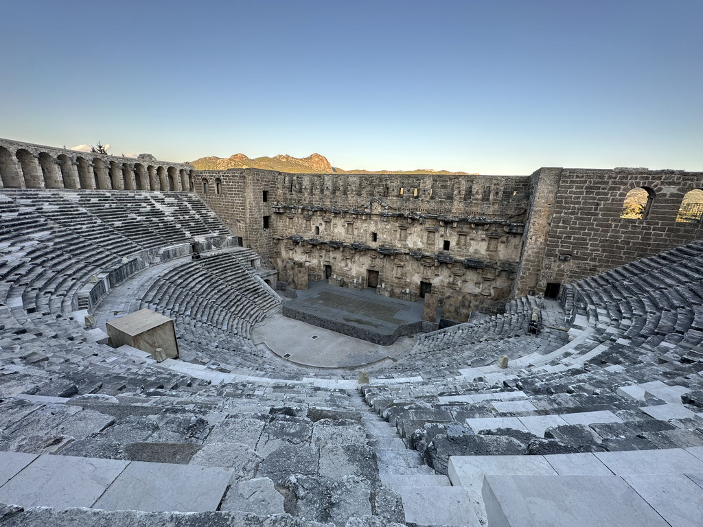 Auditorium, orchestra, stage and stage building of the Roman Theatre of Aspendos, viewed from the top of the southwest auditorium