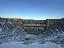 Auditorium, orchestra, stage and stage building of the Roman Theatre of Aspendos, viewed from the top of the west auditorium