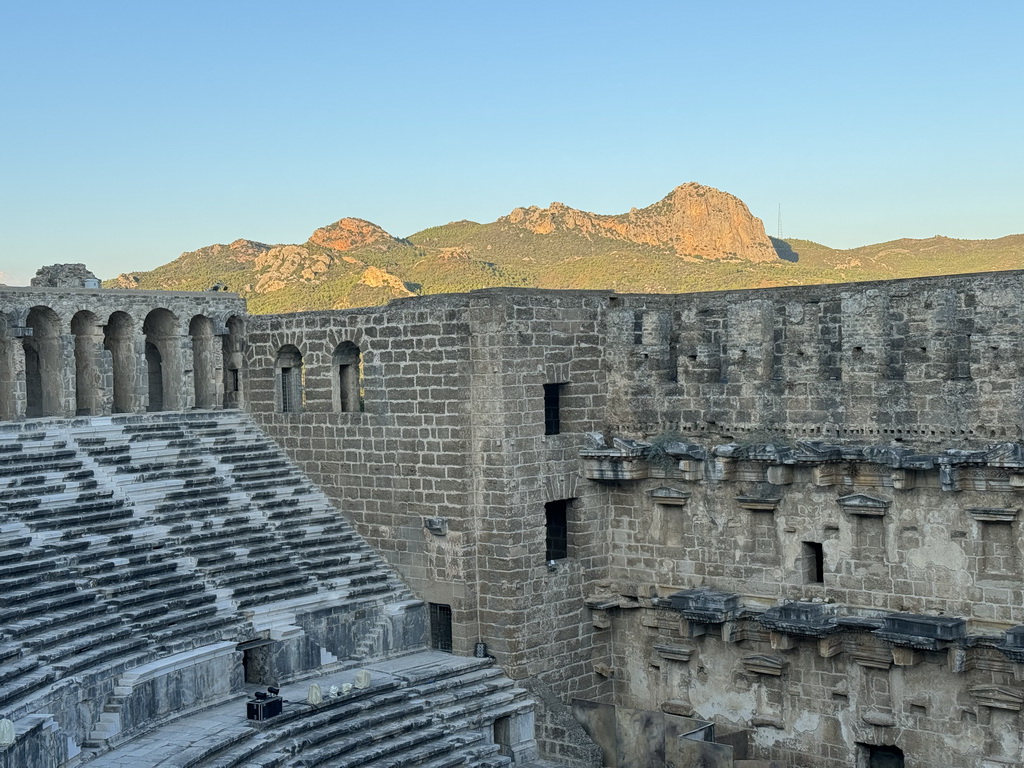 North auditorium and stage building of the Roman Theatre of Aspendos and the hills on the northeast side, viewed from the top of the west auditorium