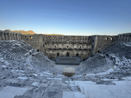 Auditorium, orchestra, stage and stage building of the Roman Theatre of Aspendos, viewed from the top of the west auditorium