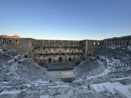 Auditorium, orchestra, stage and stage building of the Roman Theatre of Aspendos, viewed from the top of the west auditorium