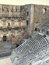 Tim and Max climbing down the south auditorium of the Roman Theatre of Aspendos, viewed from the top of the west auditorium