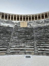 Miaomiao at the top of the west auditorium of the Roman Theatre of Aspendos, viewed from the orchestra