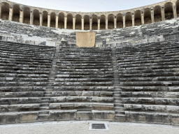 Miaomiao at the top of the west auditorium of the Roman Theatre of Aspendos, viewed from the orchestra