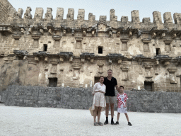 Tim, Miaomiao and Max at the orchestra in front of the stage building of the Roman Theatre of Aspendos