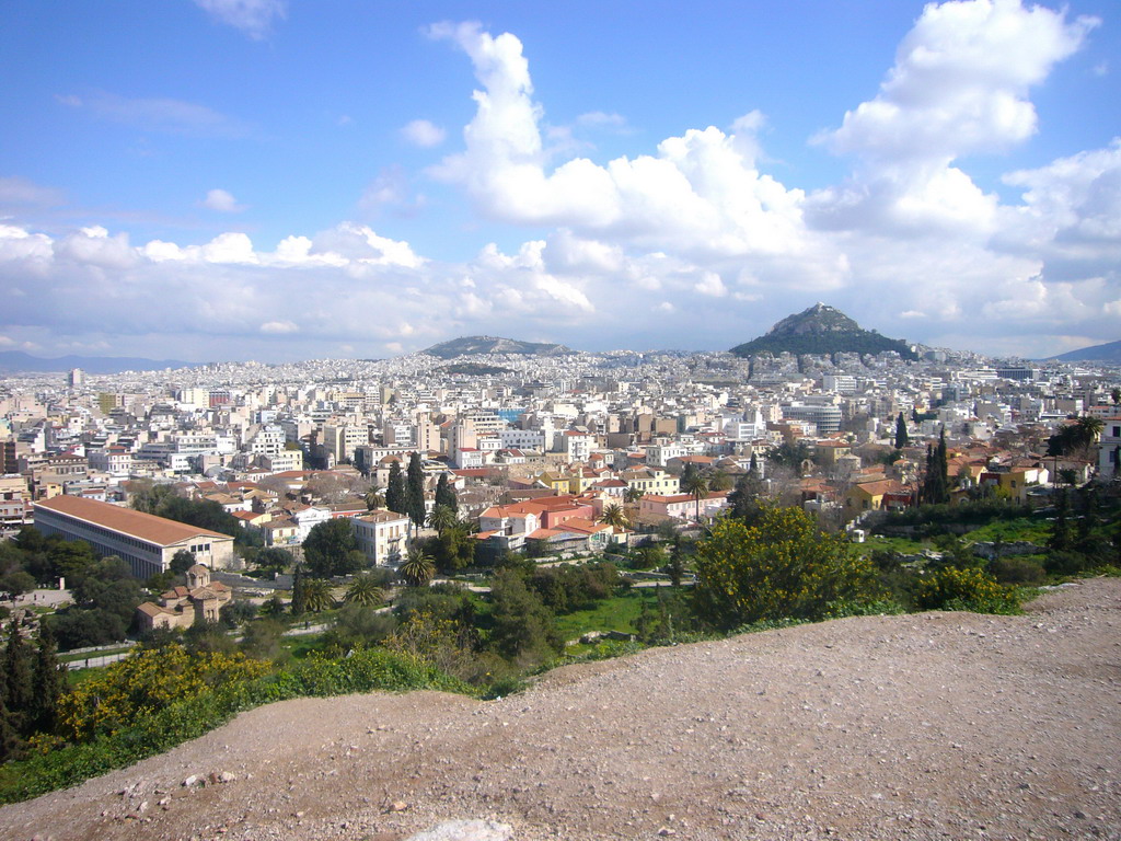 Stoa of Attalos, Agii Apostoli Solaki and Mount Lycabettus, viewed from the Areopagus