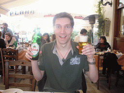 Tim with Alfa beer at lunch in a restaurant in the Plaka district