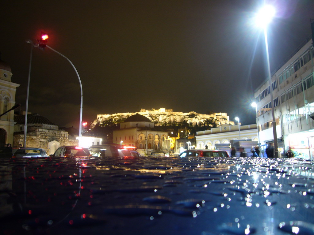 Monastiraki square and Acropolis, in the rain and by night