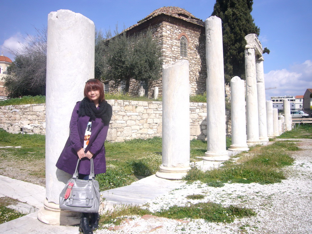 Miaomiao at the Roman Agora, with the Fethiye Camii (Mosque of the Conqueror)