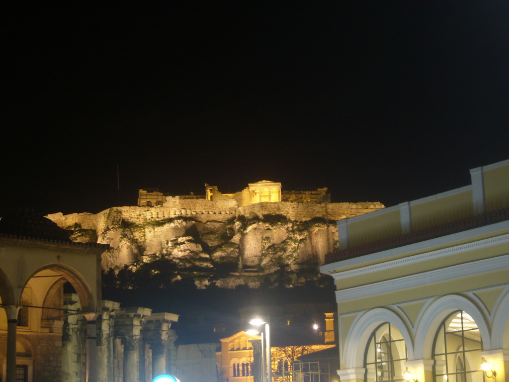 Acropolis from Monastiraki square, by night