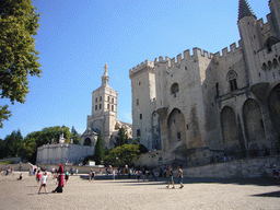 The Place du Palais square, the front of the Palais des Papes palace and the Avignon Cathedral