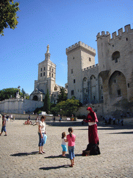 Living statue at the Place du Palais square, the front of the Palais des Papes palace and the Avignon Cathedral