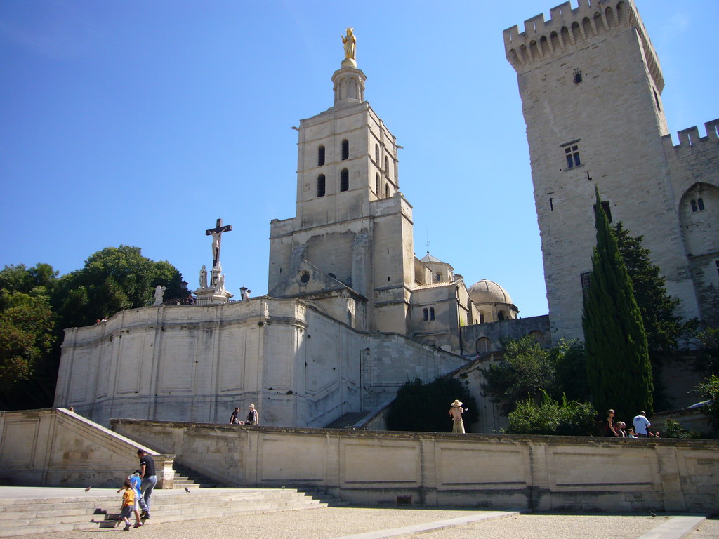 Staircase, the northwest tower of the Palais des Papes palace and the Avignon Cathedral