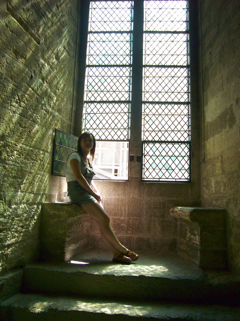 Miaomiao at window in the Palais des Papes palace