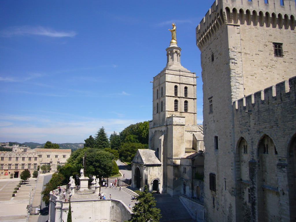 The Avignon Cathedral, the Tour de la Campane tower of the Palais des Papes palace and the Musée du Petit Palais museum, viewed from the roof of the Palais des Papes palace