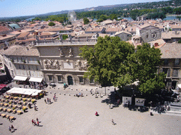 The south side of the Place du Palais square and a ferris wheel, viewed from the roof of the Palais des Papes palace