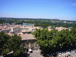 The north side of the Place du Palais square and the Rhône river, viewed from the roof of the Palais des Papes palace