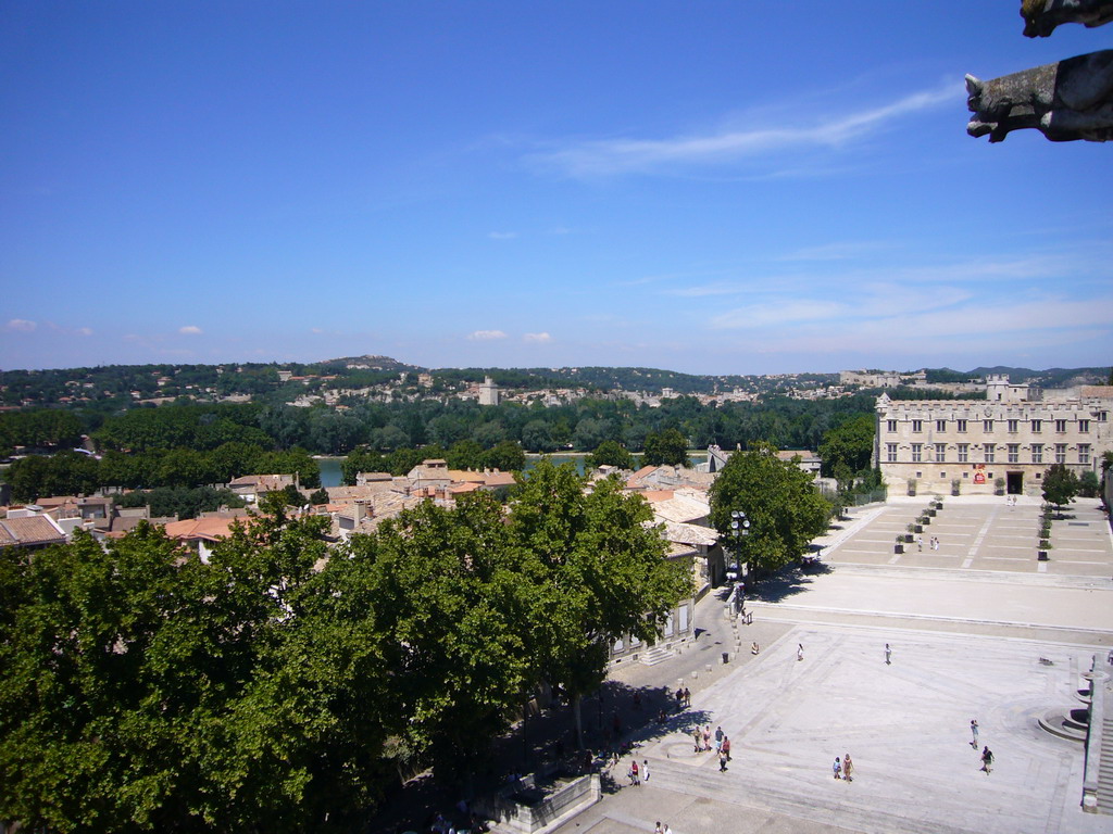 Gargoyles, the north side of the Place du Palais square and the Musée du Petit Palais museum, viewed from the roof of the Palais des Papes palace