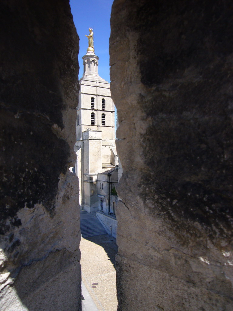 Walls at the roof of the Palais des Papes palace and the Avignon Cathedral, viewed from the roof of the Palais des Papes palace