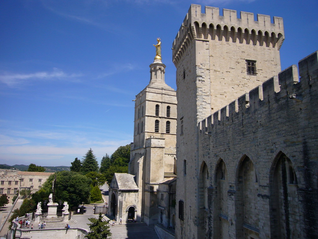 The Tour de la Campane tower of the Palais des Papes palace and the Avignon Cathedral, viewed from the roof of the Palais des Papes palace