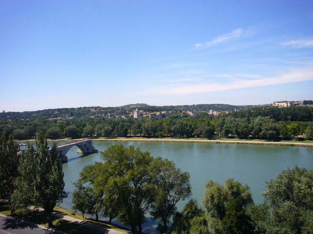 The Pont Saint-Bénezet bridge over the Rhône river, the Tour Philippe le Bel tower and the Fort Saint-André, viewed from the Rocher des Doms gardens