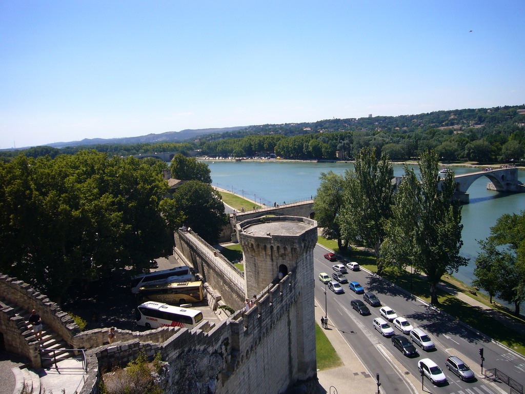 The Porte du Rocher gate and the Pont Saint-Bénezet bridge over the Rhône river, viewed from the Rocher des Doms gardens