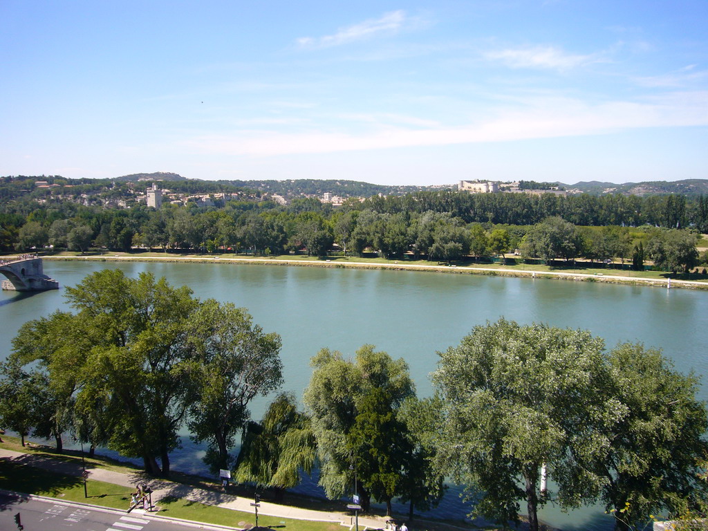 The Pont Saint-Bénezet bridge over the Rhône river, the Tour Philippe le Bel tower and the Fort Saint-André, viewed from the Rocher des Doms gardens