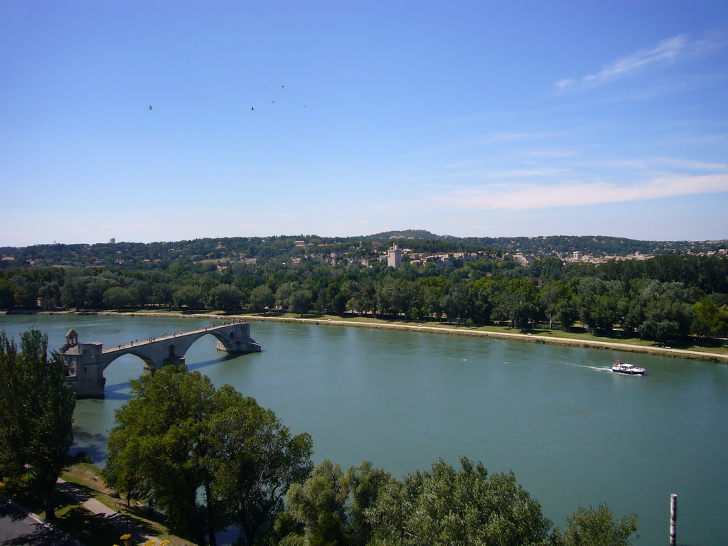 The Pont Saint-Bénezet bridge over the Rhône river and the Tour Philippe le Bel tower, viewed from the Rocher des Doms gardens