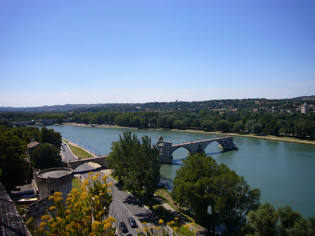 The Porte du Rocher gate, the Pont Saint-Bénezet bridge over the Rhône river and the Tour Philippe le Bel tower, viewed from the Rocher des Doms gardens