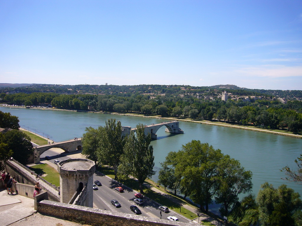 The Porte du Rocher gate, the Pont Saint-Bénezet bridge over the Rhône river and the Tour Philippe le Bel tower, viewed from the Rocher des Doms gardens