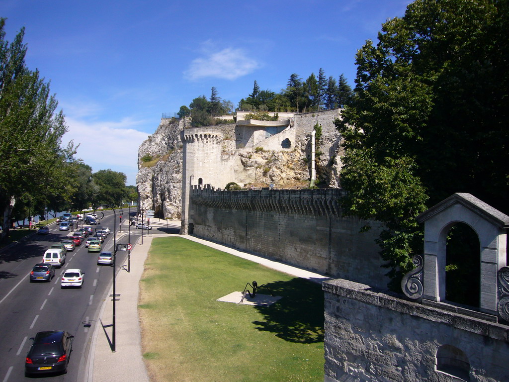 The Boulevard de la Ligne, the Porte du Rocher gate and the Rocher des Doms gardens, viewed from the Pont Saint-Bénezet bridge over the Rhône river
