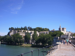 The Pont Saint-Bénezet bridge over the Rhône river, with a view on the Rocher des Doms gardens, the Avignon Cathedral and the Palais des Papes palace