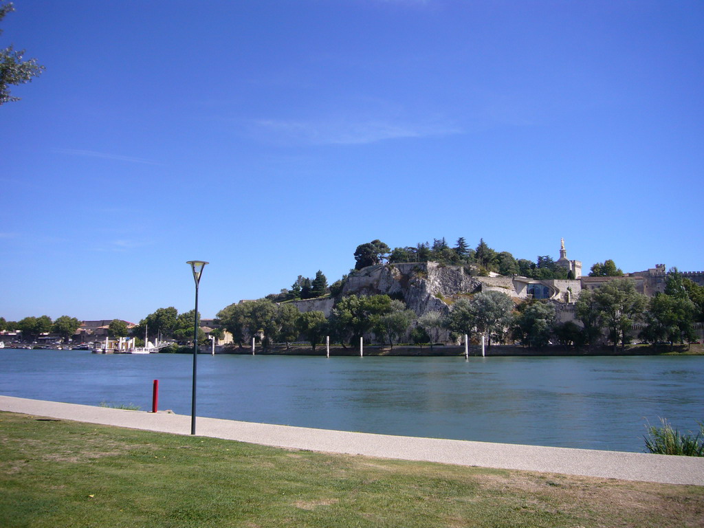 The Rhône river, the Rocher des Doms gardens, the Avignon Cathedral and the Palais des Papes palace, viewed from the Chemin de la Traille street