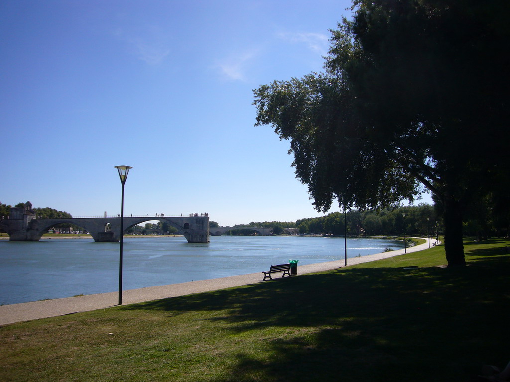 The Pont Saint-Bénezet bridge and the Pont Édouard Daladier bridge over the Rhône river, viewed from the Chemin de la Traille street